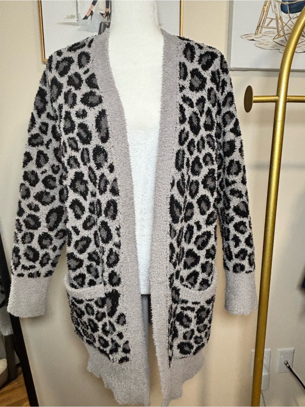 Barefoot Dreams Cozy Leopard Open-Front Cardigan Sweater - Gray/Black